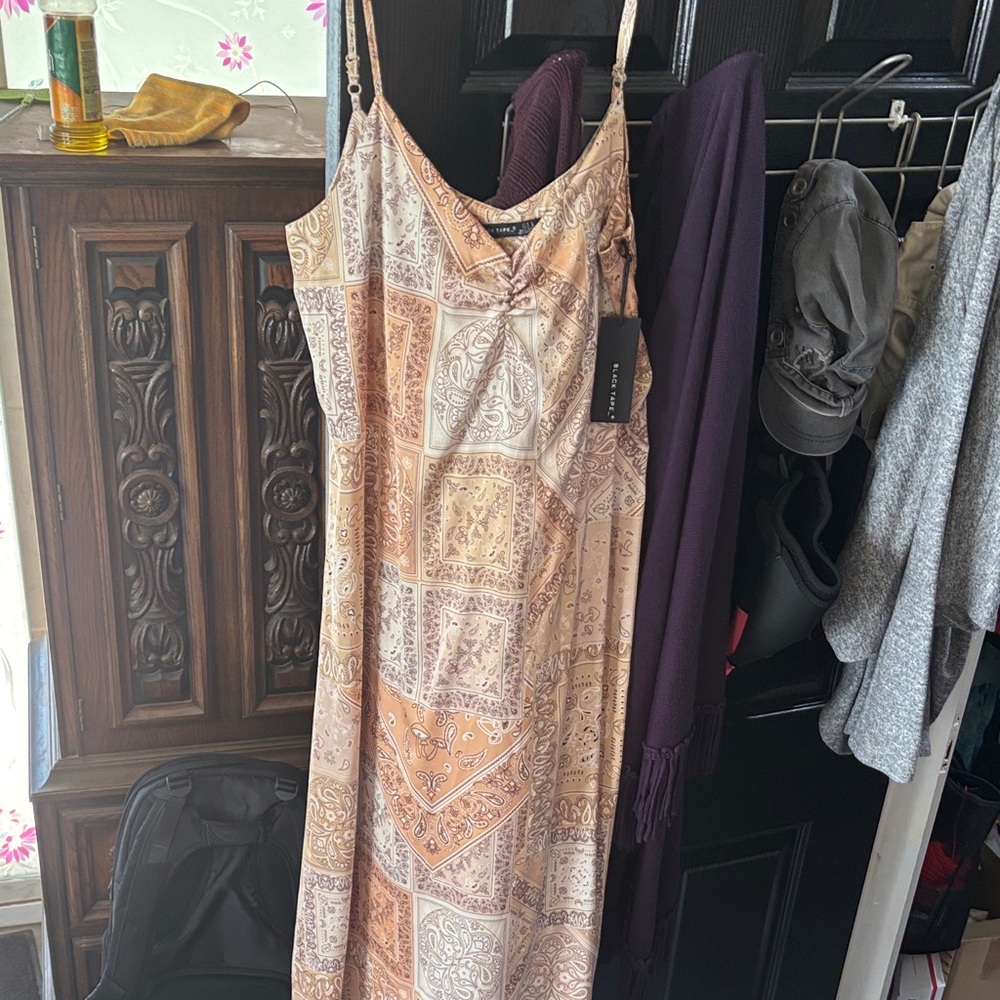 Black Tape Satin Print Dress in Tan and Cream
